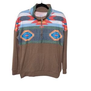Geometric Aztec Print 1/4 Zip Sweater Long Sleeve‎ Stand Up Collar Brown Blue M